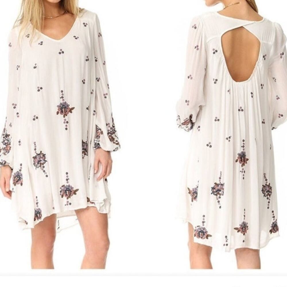 Free People Mini Dress Oxford Floral Embroidered Open Back Size S  Boho Chic
